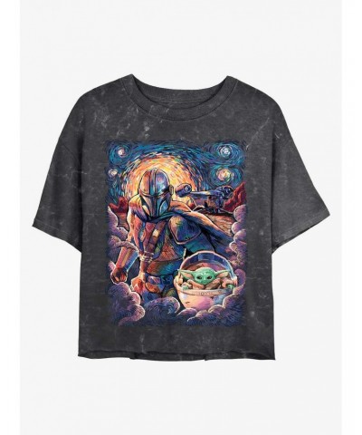 Star Wars The Mandalorian Starry Squad Mando and Child Mineral Wash Crop Girls T-Shirt $7.34 T-Shirts