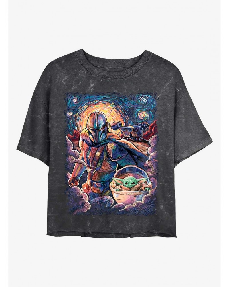 Star Wars The Mandalorian Starry Squad Mando and Child Mineral Wash Crop Girls T-Shirt $7.34 T-Shirts